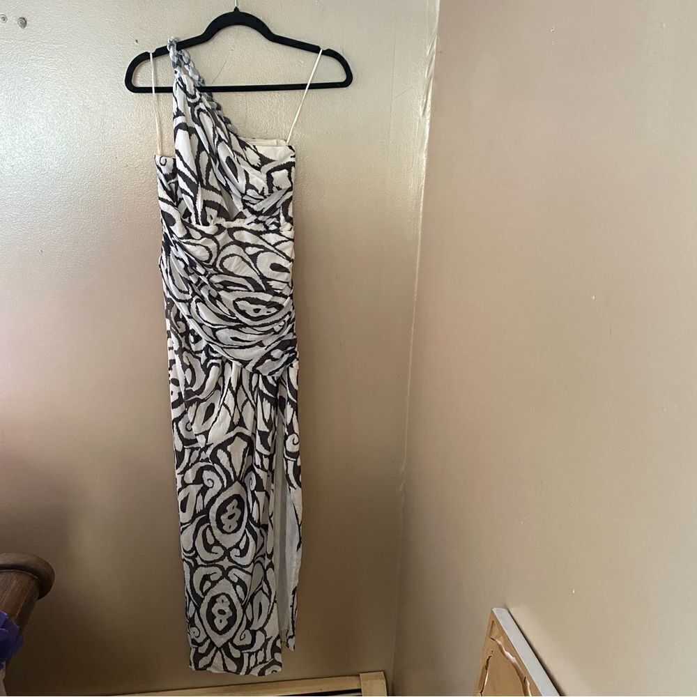 Nicholas Drue Draped Asymmetrical Midi Dress black white print braid Revolve 12 - Picture 13 of 14